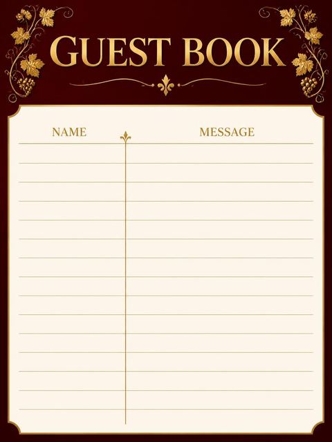 Guest sign-in sheet in the Burgundy Gold Grapevine 40th Birthday design