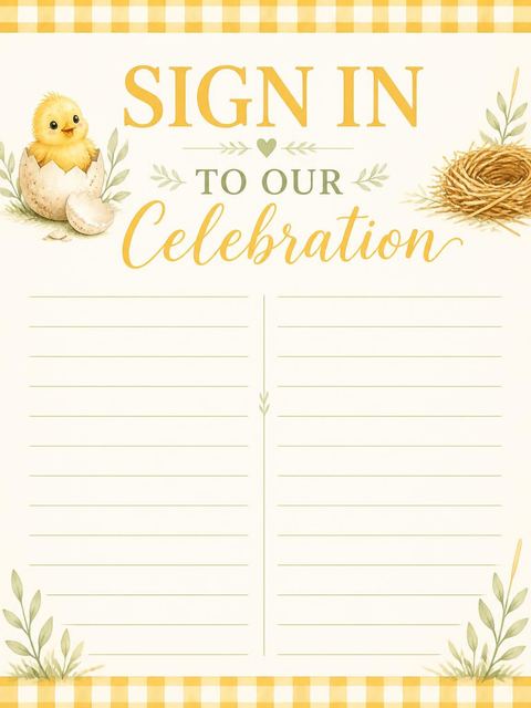 Guest sign-in sheet in the Watercolor Chick Gingham 1st Birthday design