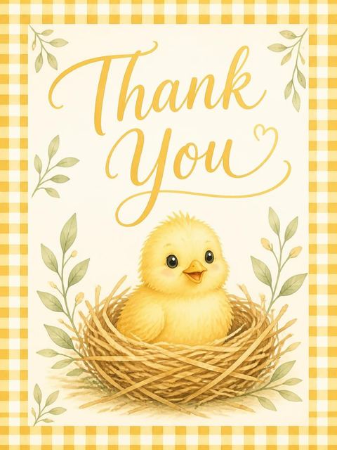 Thank-you flat in the Watercolor Chick Gingham 1st Birthday design