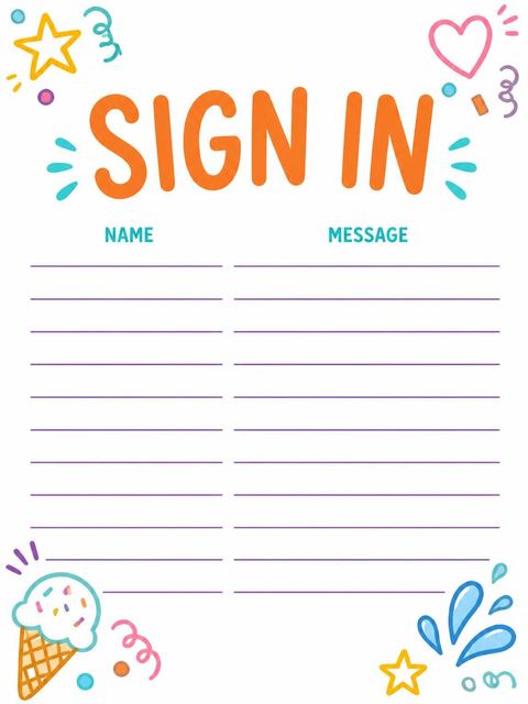 Guest sign-in sheet in the Colorful Doodle Pool 6th Birthday design