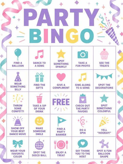 Bingo grid in the Pastel Streamer Confetti Birthday Invitation design