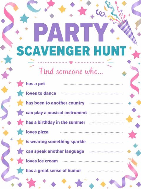 Scavenger hunt in the Pastel Streamer Confetti Birthday Invitation design
