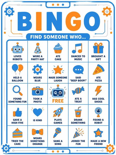 Bingo grid in the Blue and Orange Robot 2nd Birthday design