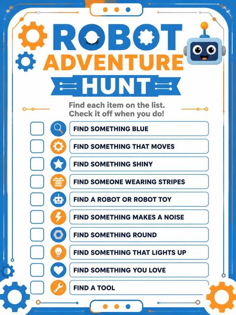 Scavenger hunt in the Blue and Orange Robot 2nd Birthday design