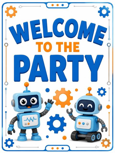 Welcome sign in the Blue and Orange Robot 2nd Birthday design