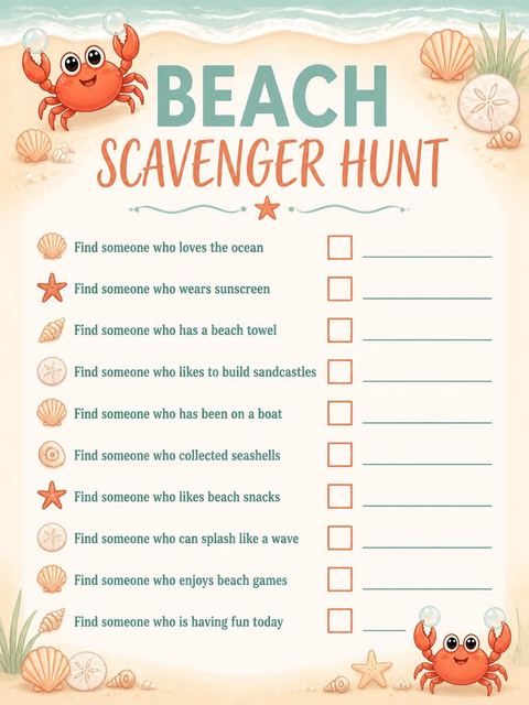 Scavenger hunt in the Cartoon Crab Beach 2nd Birthday design