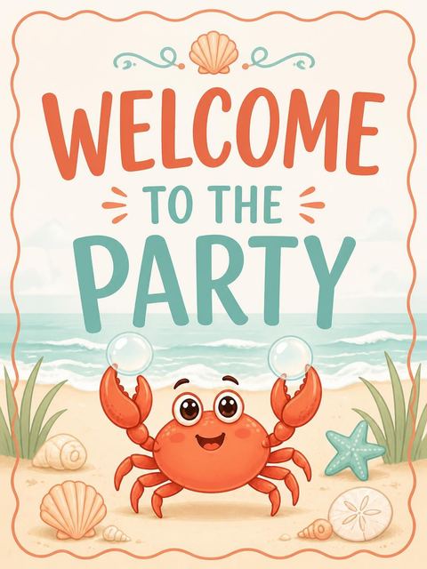 Welcome sign in the Cartoon Crab Beach 2nd Birthday design