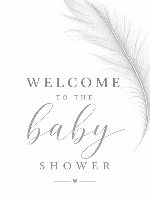 Welcome sign in the Minimalist Grey Feather Baby Shower design