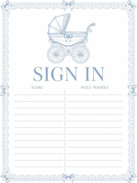 Guest sign-in sheet in the Blue Vintage Carriage Baby Shower design