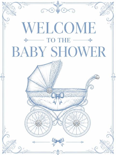 Welcome sign in the Blue Vintage Carriage Baby Shower design