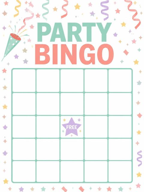 Bingo grid in the Confetti Star Party Poppers 6th Birthday design