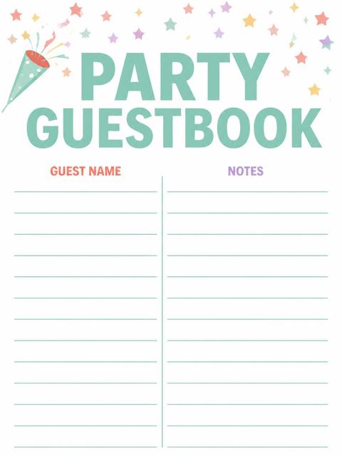 Guest sign-in sheet in the Confetti Star Party Poppers 6th Birthday design