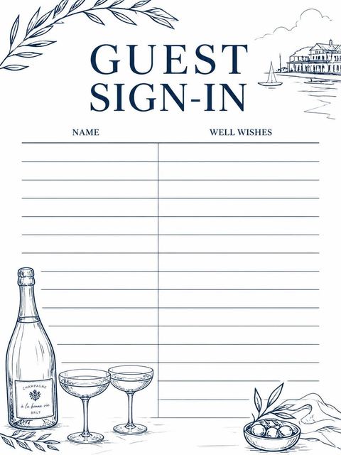 Guest sign-in sheet in the Navy Ink Champagne 33rd Birthday Dinner design