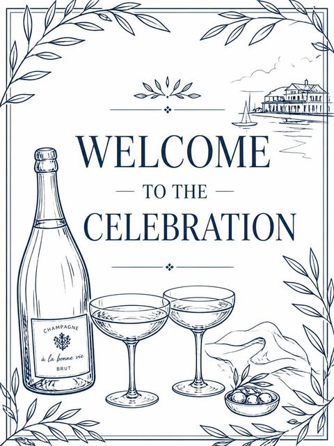 Welcome sign in the Navy Ink Champagne 33rd Birthday Dinner design