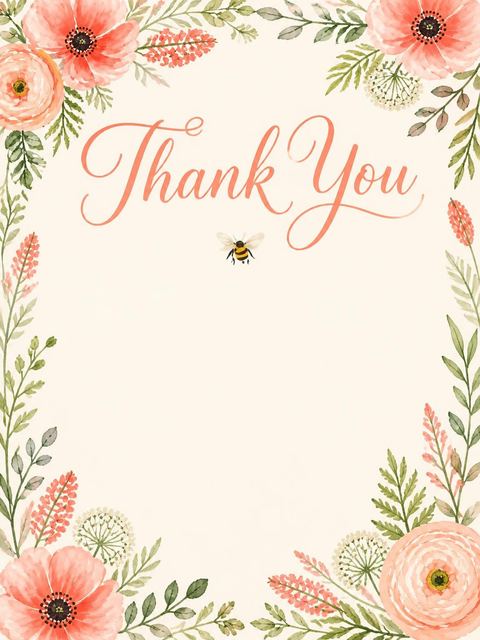 Thank-you flat in the Watercolor Honeybee Floral Bridal Shower design