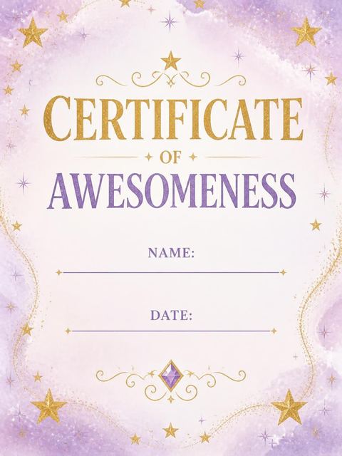 Certificate of awesomeness in the Lavender Watercolor Princess 5th Birthday design