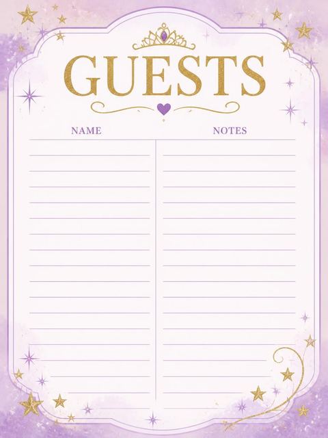 Guest sign-in sheet in the Lavender Watercolor Princess 5th Birthday design