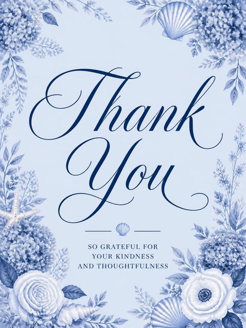 Thank-you flat in the Indigo Watercolor Coastal Bridal Shower design
