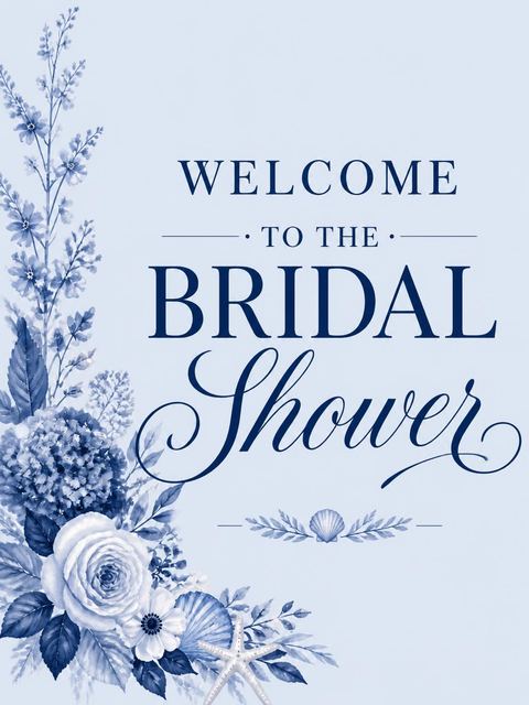 Welcome sign in the Indigo Watercolor Coastal Bridal Shower design