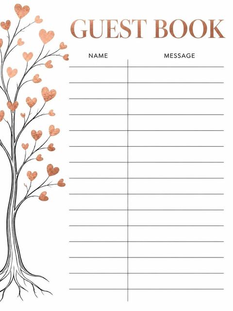Guest sign-in sheet in the Rose Gold Heart Tree Baby Shower design