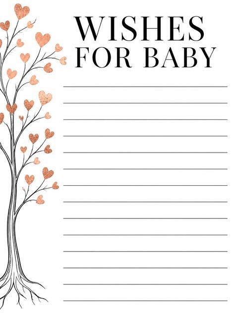 Wishes page in the Rose Gold Heart Tree Baby Shower design