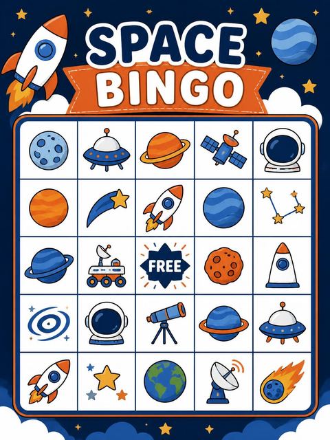 Bingo grid in the Dino Astronaut Rocket Ship 5th Birthday design
