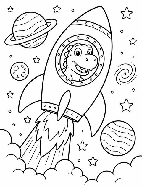 Coloring sheet in the Dino Astronaut Rocket Ship 5th Birthday design