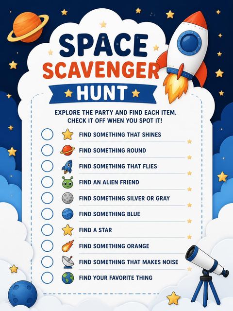 Scavenger hunt in the Dino Astronaut Rocket Ship 5th Birthday design
