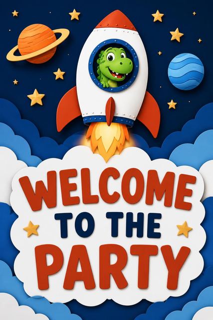 Welcome sign in the Dino Astronaut Rocket Ship 5th Birthday design