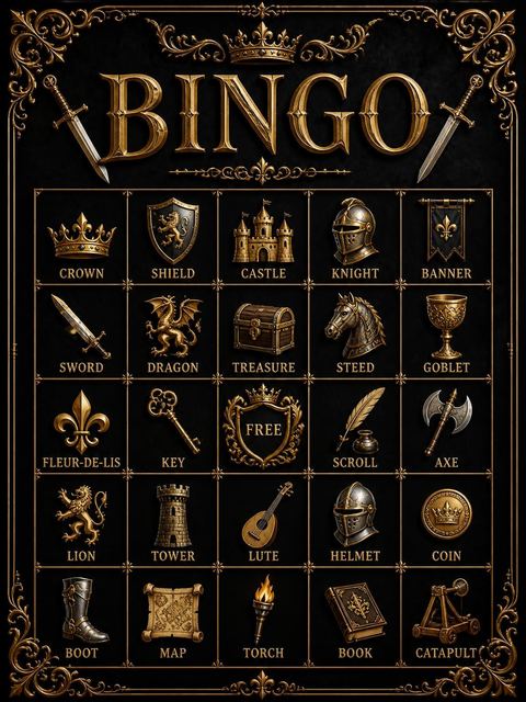 Bingo grid in the Gold Foil Medieval Crest 10th Birthday design