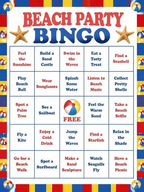 Bingo grid in the Beach Ball Beach Party Invitation design