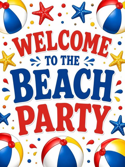 Welcome sign in the Beach Ball Beach Party Invitation design