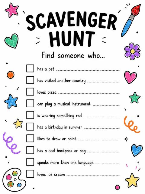 Scavenger hunt in the Crayon Doodle Art 7th Birthday design