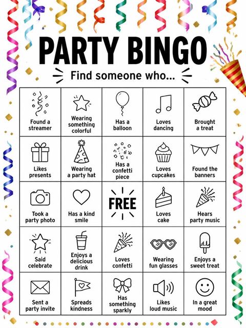 Bingo grid in the Colorful Confetti Streamer 65th Birthday design