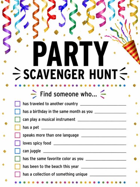 Scavenger hunt in the Colorful Confetti Streamer 65th Birthday design