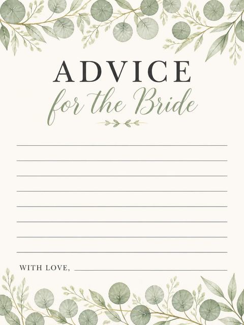 Advice card in the Watercolor Eucalyptus Wreath Bridal Shower design