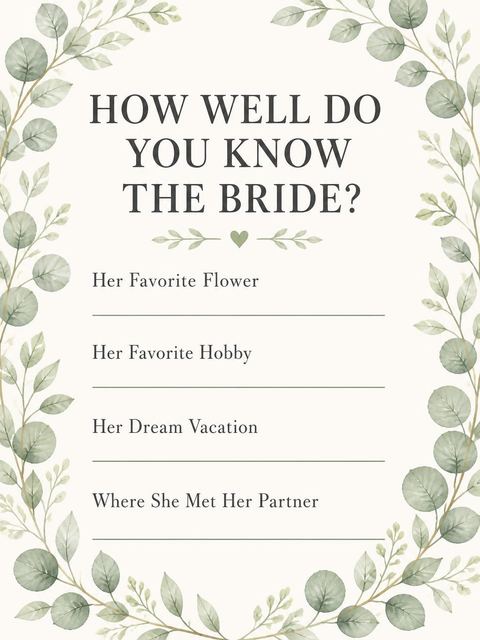 Couples trivia card in the Watercolor Eucalyptus Wreath Bridal Shower design