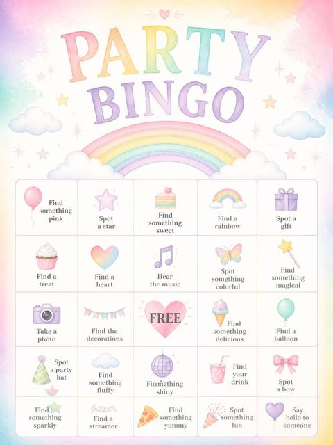 Bingo grid in the Watercolor Rainbow 10th Birthday Invitation design