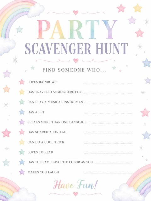 Scavenger hunt in the Watercolor Rainbow 10th Birthday Invitation design
