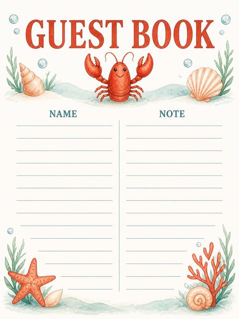 Guest sign-in sheet in the Watercolor Lobster Nautical 4th Birthday design