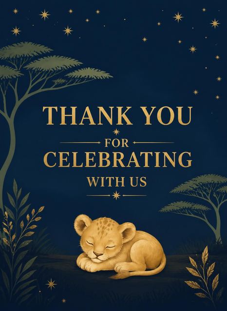 Thank-you flat in the Navy Gold Lion Safari 1st Birthday design