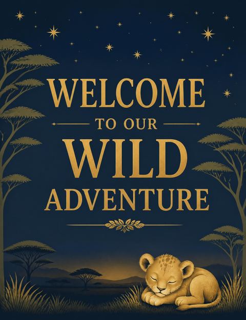 Welcome sign in the Navy Gold Lion Safari 1st Birthday design