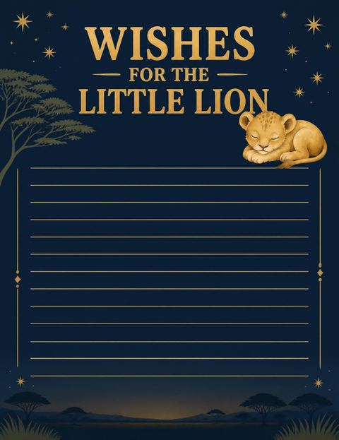 Wishes page in the Navy Gold Lion Safari 1st Birthday design