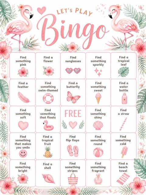 Bingo grid in the Watercolor Flamingo Tropical 6th Birthday design