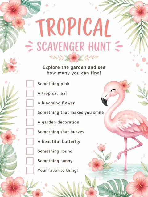 Scavenger hunt in the Watercolor Flamingo Tropical 6th Birthday design