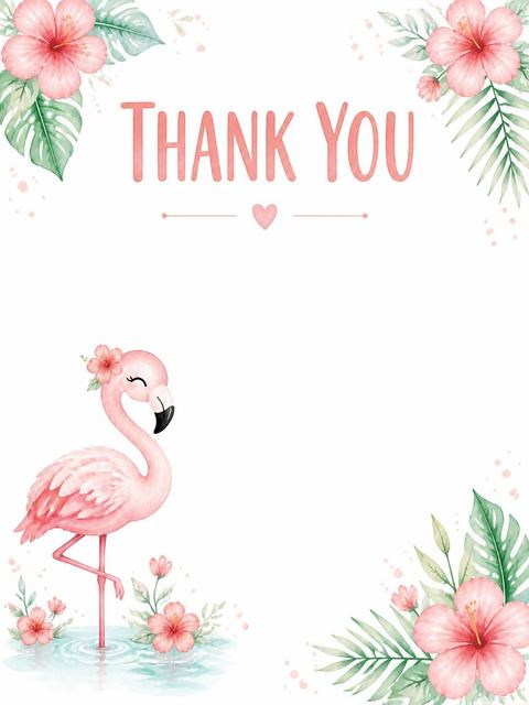 Thank-you flat in the Watercolor Flamingo Tropical 6th Birthday design