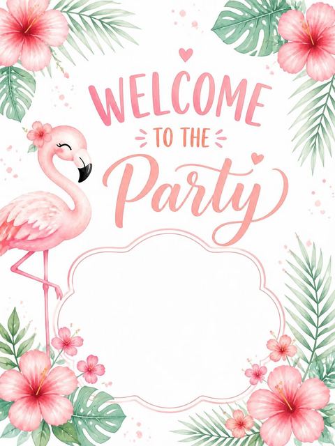 Welcome sign in the Watercolor Flamingo Tropical 6th Birthday design