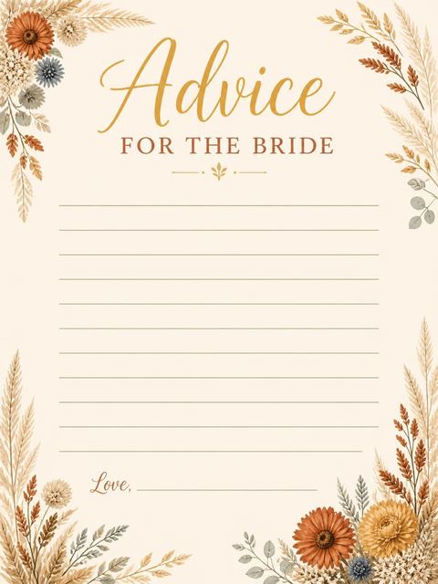 Advice card in the Dried Floral Pampas Bridal Shower design