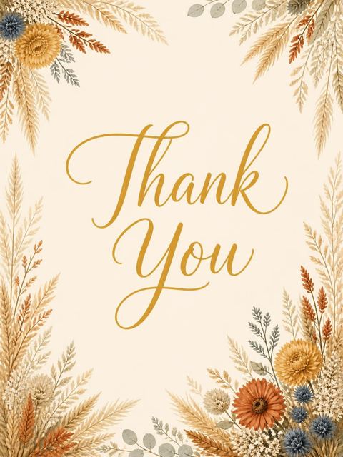 Thank-you flat in the Dried Floral Pampas Bridal Shower design