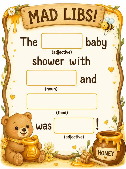 Mad libs in the Sweetest Hunny Bear Baby Shower design